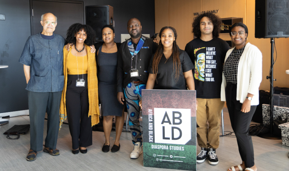 (From left to right): Abdul Alkalimat, Alpha Abebe, Rhonda C. George, Hosea Patrick, Debbie Aduluso-Nwaobasi, Matthew Monrose and Shaunette George at the Black Futurities: (Re)Imagining Black Studies in Canada, a day-long conference on the development and future of Black studies across Canada. (Photo credit: Jamaya Dixon)